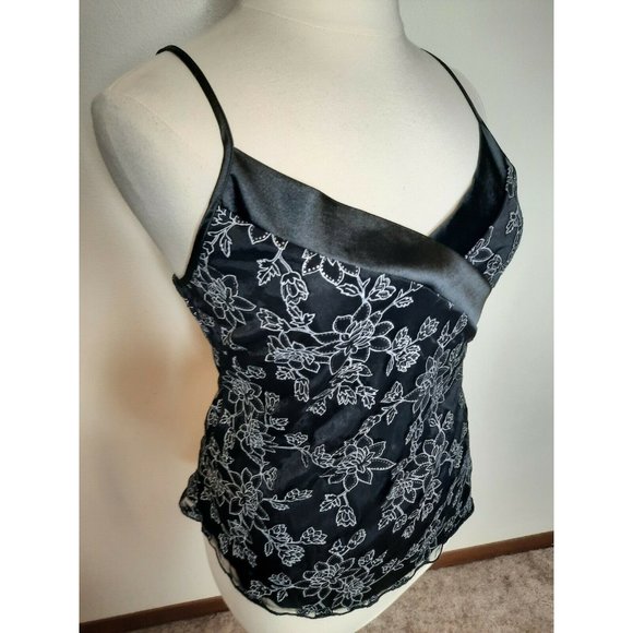 Vtg 90's  Black Satin Chiffon Floral Tank Large - Picture 1 of 11